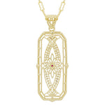 Art Deco Antique Inspired Filigree Ichthys Ruby Pendant Necklace in Yellow Gold Over Sterling Silver