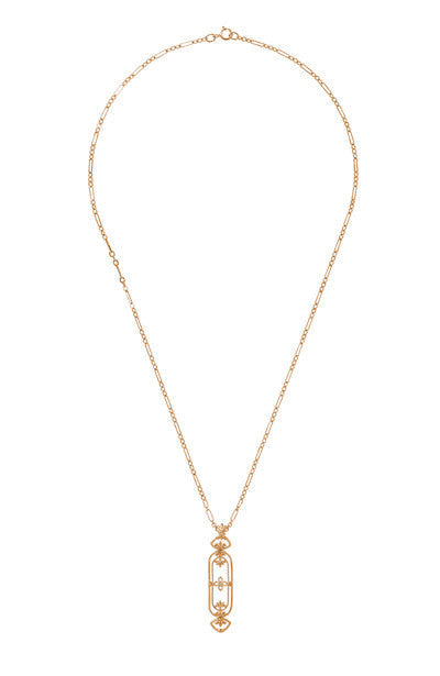Circa 1910 Rose Gold Art Nouveau Antique Filigree Cartouche Fleur De Lys Diamond Pendant with Included 18 Inch Chain- N164RD