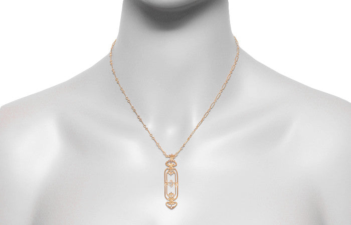 Model wearing Rose Gold Art Nouveau Antique Filigree Cartouche Fleur De Lys Diamond Pendant - N164RD