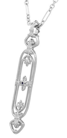 Art Nouveau Filigree Fleur de Lys Blue Sapphire Pendant Necklace in Sterling Silver - Item: N164WS - Image: 2