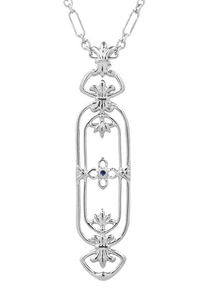 Art Nouveau Filigree Fleur de Lys Blue Sapphire Pendant Necklace in Sterling Silver