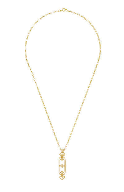 Yellow Gold Vintage Art Nouveau Cartouche Shape Fleur de Lys Filigree Diamond Pendant on Chain - N164YD