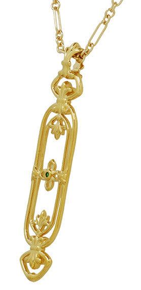 Yellow Gold Vermeil 1910 Era Fleur de Lys Art Nouveau Cartouche Emerald Pendant - alternate view