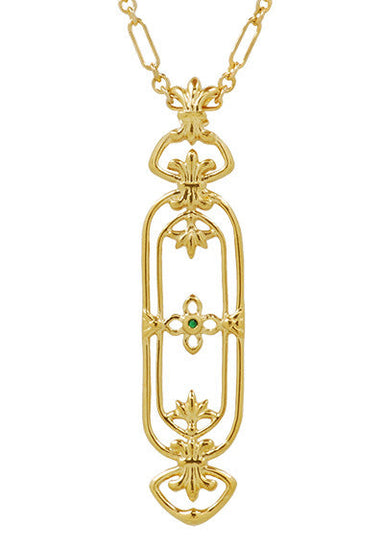 Yellow Gold Vermeil 1910 Era Fleur de Lys Art Nouveau Cartouche Emerald Pendant