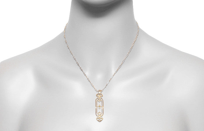 1910 Art Nouveau Filigree Fleur de Lys Blue Sapphire Pendant Necklace in Yellow Gold Over Sterling Silver - Item: N164YS - Image: 4
