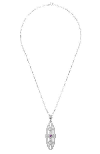 North South 1920's Filigree Amethyst Pendant Necklace in Sterling Silver - Art Deco Antique Inspired - Item: N165WAM - Image: 3