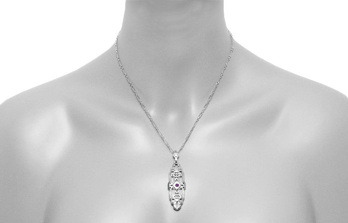 North South 1920's Filigree Amethyst Pendant Necklace in Sterling Silver - Art Deco Antique Inspired - Item: N165WAM - Image: 4