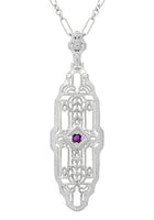North South 1920's Filigree Amethyst Pendant Necklace in Sterling Silver - Art Deco Antique Inspired
