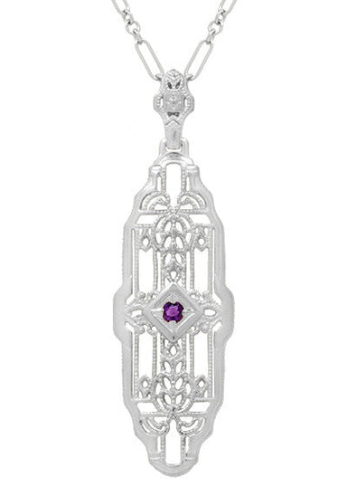 North South 1920's Filigree Amethyst Pendant Necklace in Sterling Silver - Art Deco Antique Inspired