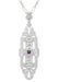 North South 1920's Filigree Amethyst Pendant Necklace in Sterling Silver - Art Deco Antique Inspired
