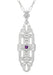 North South 1920's Filigree Amethyst Pendant Necklace in Sterling Silver - Art Deco Antique Inspired