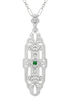 Art Deco Geometric Lozenge Filigree Emerald Pendant in Sterling Silver