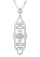 1920's Filigree Peridot Pendant Necklace in Sterling Silver - Art Deco Lozenge Shape