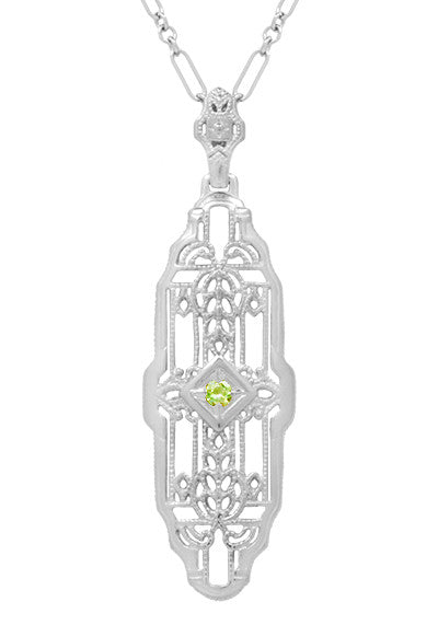 1920's Filigree Peridot Pendant Necklace in Sterling Silver - Art Deco Lozenge Shape