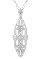 Filigree Art Deco Pink Sapphire Lozenge Shape Necklace in Sterling Silver