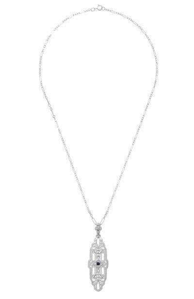 1920's Vintage Inspired Sapphire Filigree Art Deco Pendant in Sterling Silver - Lozenge Shape - Item: N165WS - Image: 3