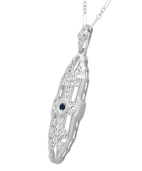 1920's Vintage Inspired Sapphire Filigree Art Deco Pendant in Sterling Silver - Lozenge Shape - Item: N165WS - Image: 2