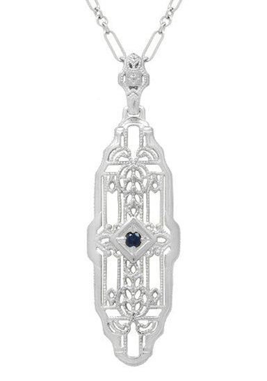 1920's Vintage Inspired Sapphire Filigree Art Deco Pendant in Sterling Silver - Lozenge Shape