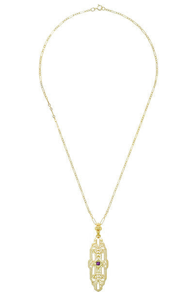 Filigree Lozenge Art Deco Amethyst Necklace in Yellow Gold Vermeil Over Sterling Silver - Item: N165YAM - Image: 3