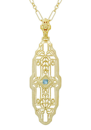 1920's Art Deco Filigree Sky Blue Topaz Necklace in Yellow Gold Over Sterling Silver