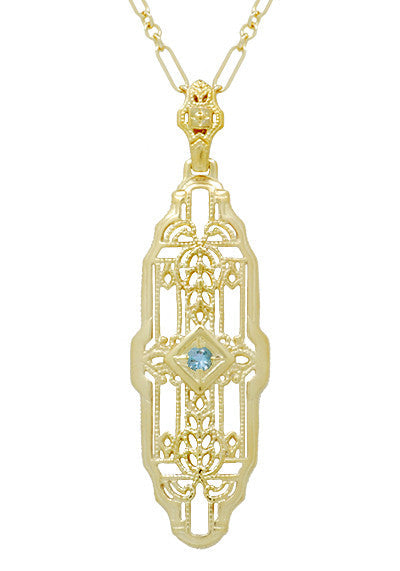 1920's Art Deco Filigree Sky Blue Topaz Necklace in Yellow Gold Over Sterling Silver