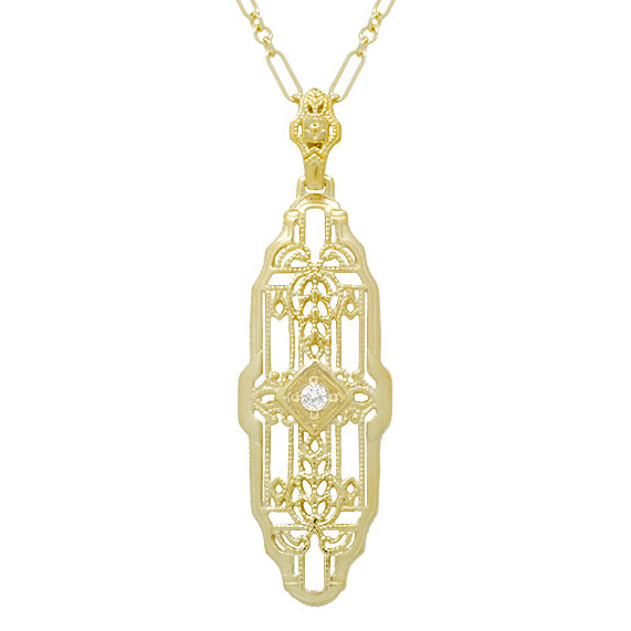Vintage Inspired Art Deco Diamond Necklace in Yellow Gold Vermeil Over Sterling Silver - 1920's Replica Lozenge Pendant