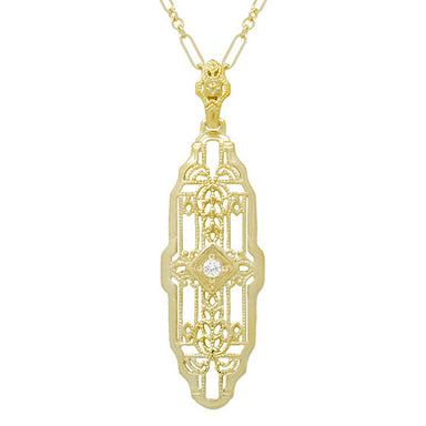 Vintage Inspired Art Deco Diamond Necklace in Yellow Gold Vermeil Over Sterling Silver - 1920's Replica Lozenge Pendant