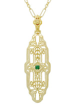 Art Deco Filigree Emerald Lozenge Pendant Necklace in Sterling Silver with Yellow Gold Vermeil