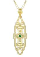 Art Deco Filigree Emerald Lozenge Pendant Necklace in Sterling Silver with Yellow Gold Vermeil