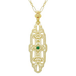 Art Deco Filigree Emerald Lozenge Pendant Necklace in Sterling Silver with Yellow Gold Vermeil