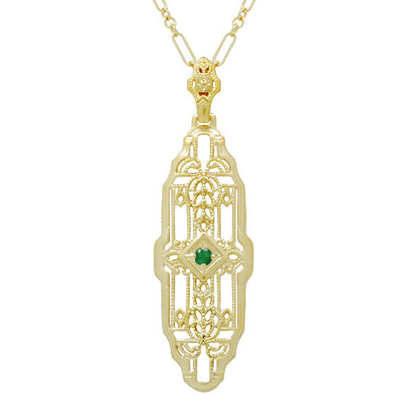 Art Deco Filigree Emerald Lozenge Pendant Necklace in Sterling Silver with Yellow Gold Vermeil