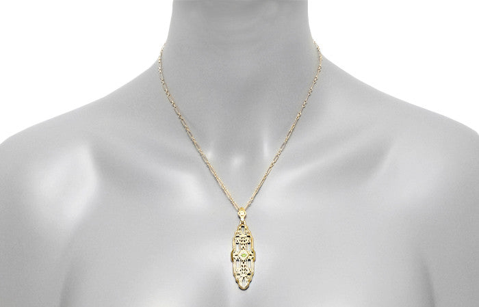Art Deco Filigree Vintage Inspired Peridot Lozenge Pendant Necklace in Yellow Gold Over Sterling Silver - Item: N165YPER - Image: 4