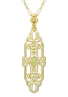 Art Deco Filigree Vintage Inspired Peridot Lozenge Pendant Necklace in Yellow Gold Over Sterling Silver