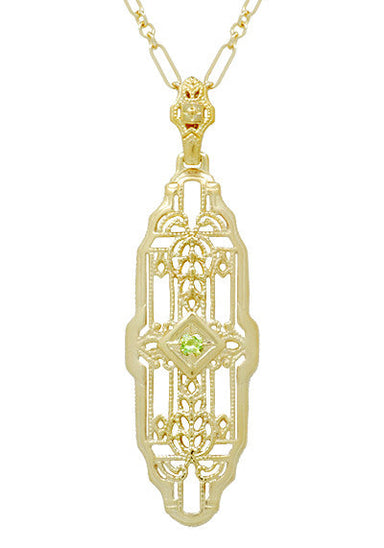 Art Deco Filigree Vintage Inspired Peridot Lozenge Pendant Necklace in Yellow Gold Over Sterling Silver