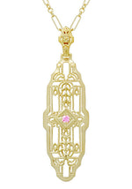 Filigree Lozenge Shape 1920's Art Deco Pink Sapphire Necklace in Sterling Silver with Yellow Gold Vermeil