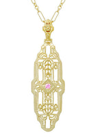 Filigree Lozenge Shape 1920's Art Deco Pink Sapphire Necklace in Sterling Silver with Yellow Gold Vermeil