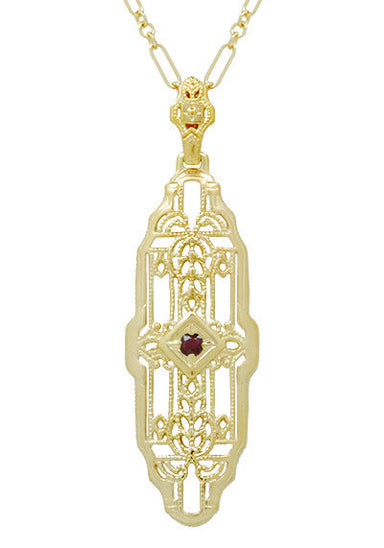 Vintage Inspired Lozenge Shape Art Deco Ruby Pendant - Yellow Gold Over Sterling Silver