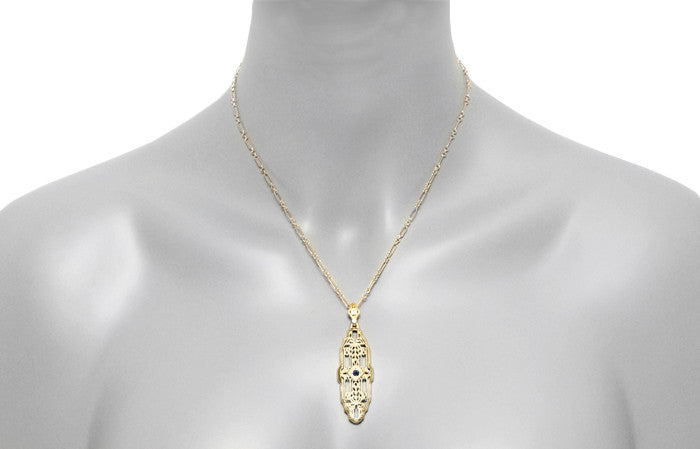 1920's Art Deco Filigree Lozenge Shape Blue Sapphire Pendant Necklace in Sterling Silver with Yellow Gold Vermeil - Item: N165YS - Image: 4