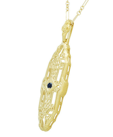 1920's Art Deco Filigree Lozenge Shape Blue Sapphire Pendant Necklace in Sterling Silver with Yellow Gold Vermeil - alternate view
