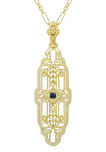 1920's Art Deco Filigree Lozenge Shape Blue Sapphire Pendant Necklace in Sterling Silver with Yellow Gold Vermeil