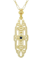 1920's Art Deco Filigree Lozenge Shape Blue Sapphire Pendant Necklace in Sterling Silver with Yellow Gold Vermeil