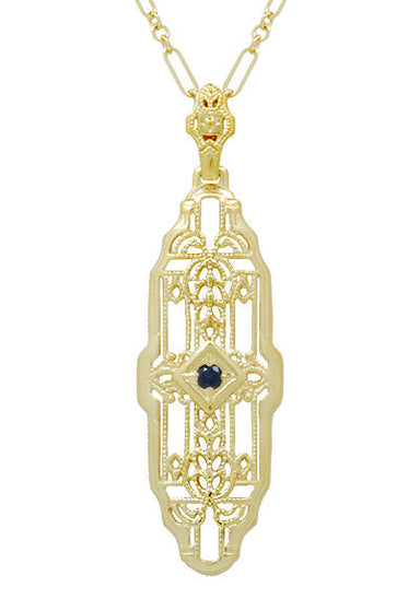 1920's Art Deco Filigree Lozenge Shape Blue Sapphire Pendant Necklace in Sterling Silver with Yellow Gold Vermeil
