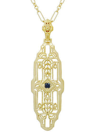 1920's Art Deco Filigree Lozenge Shape Blue Sapphire Pendant Necklace in Sterling Silver with Yellow Gold Vermeil