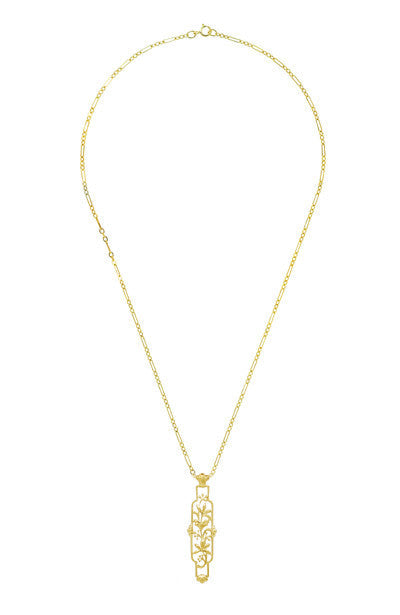 Art Nouveau Cartouche Filigree Lilies Pendant Necklace in Yellow Gold Vermeil over Sterling Silver - Item: N166Y - Image: 3
