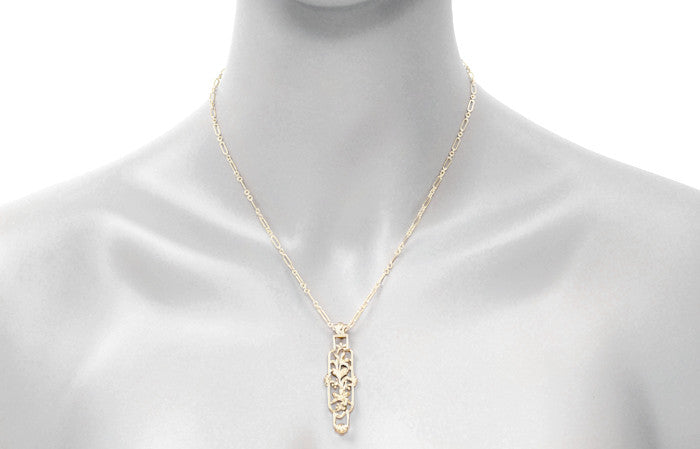 Art Nouveau Cartouche Filigree Lilies Pendant Necklace in Yellow Gold Vermeil over Sterling Silver - Item: N166Y - Image: 4