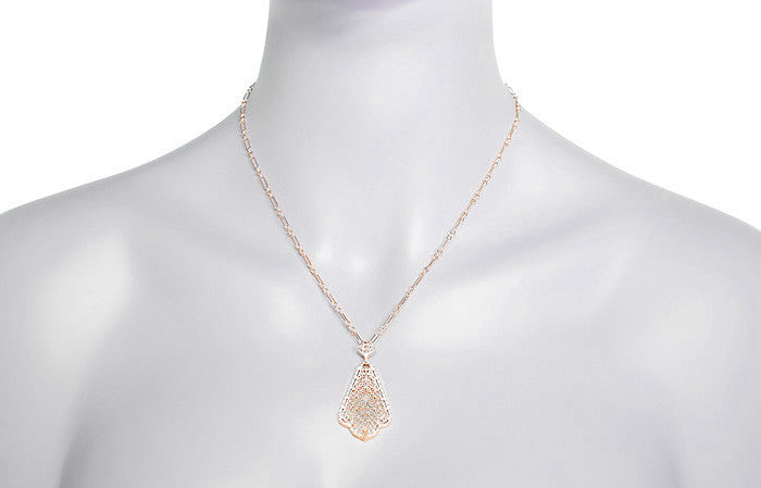 Edwardian Rose Gold Vermeil Scalloped Leaf Dangling Filigree Pendant Necklace - Item: N169R - Image: 4