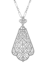 Scalloped Leaf Dangling Filigree Edwardian Pendant Necklace in Sterling Silver