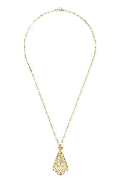 Edwardian Scalloped Leaf Dangling Filigree Pendant Necklace in Sterling Silver with Yellow Gold Vermeil - Item: N169Y - Image: 3