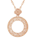 Art Deco Eternal Circle of Love Filigree Pendant Necklace in Sterling Silver with Rose Gold Vermeil