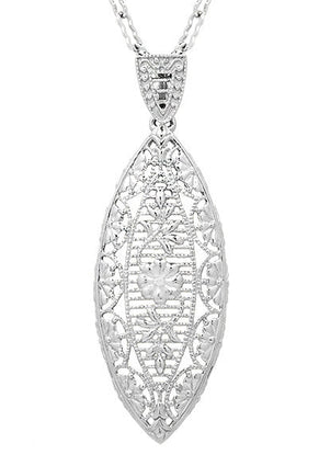 Art Deco Dangling Leaf Diamond Filigree Necklace in Sterling Silver